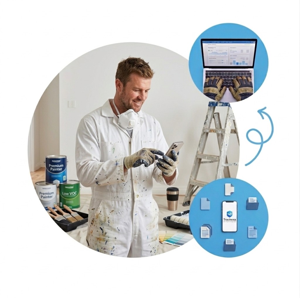 Professional painter on a job site using Trackexa on a phone, with dashboard and document visuals