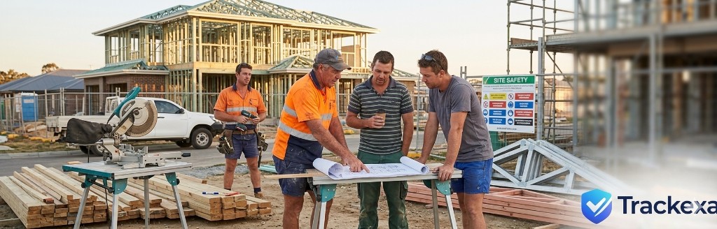 Australian tradies on a residential building site reviewing plans