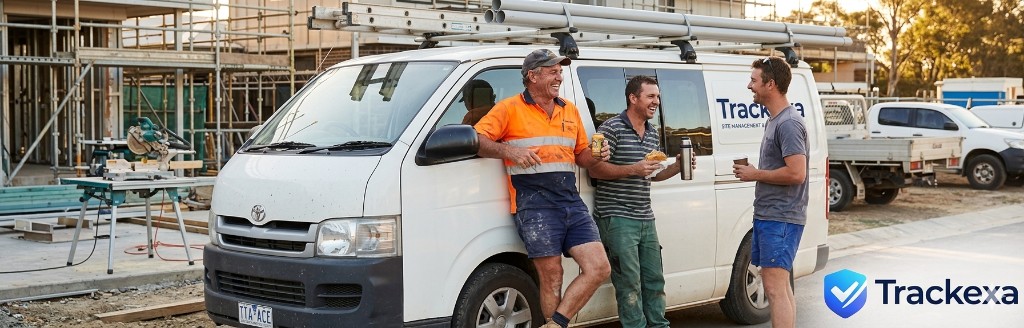 Tradie team beside a work van on site