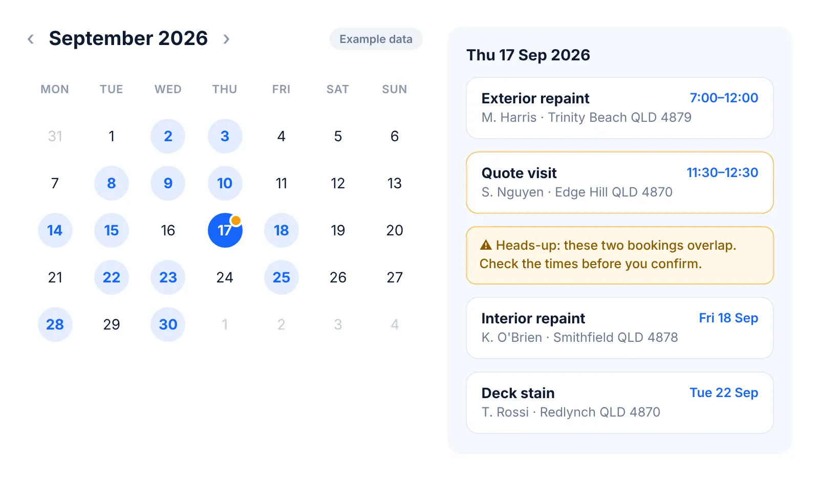 Example monthly calendar for September 2026 with bookings in Trinity Beach, Edge Hill, Smithfield and Redlynch, and a heads-up that two bookings overlap