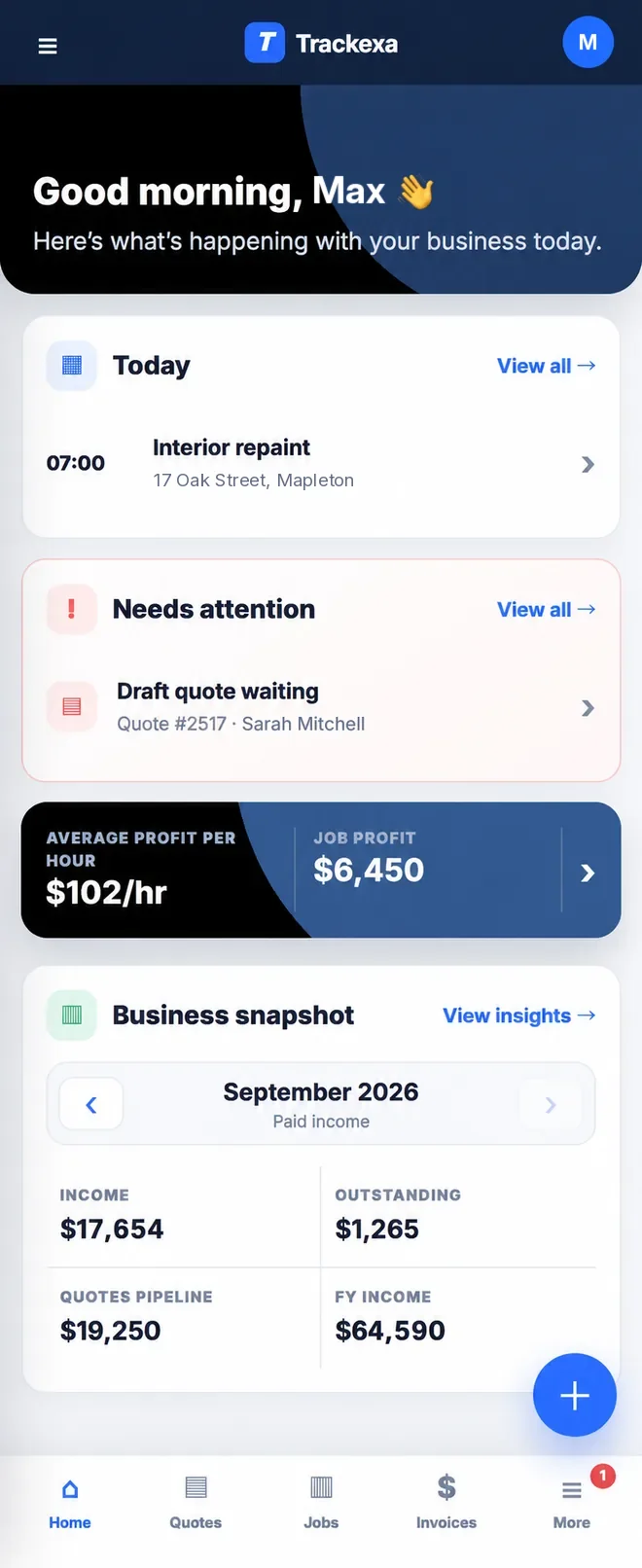 Trackexa Home screen on a phone showing today's job, a draft quote waiting, average profit per hour of $102 and the business snapshot