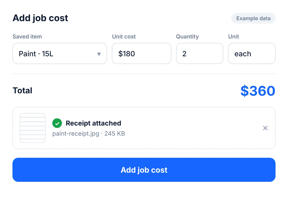 Example Add job cost form: saved item Paint 15L at $180 unit cost, quantity 2, total $360 with a receipt attached