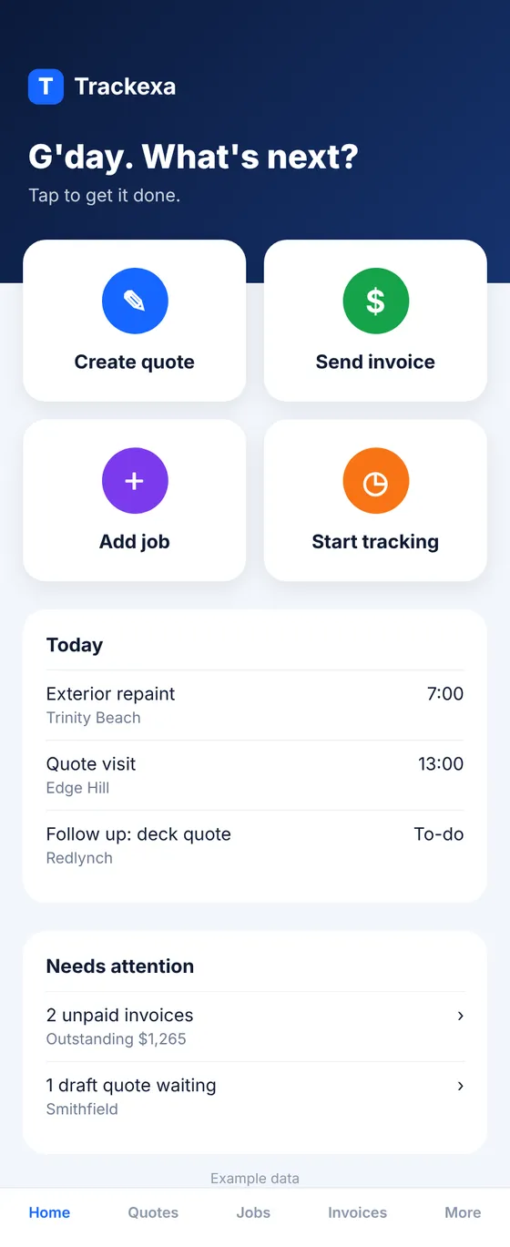 Example phone screen with four quick actions: Create quote, Send invoice, Add job and Start tracking