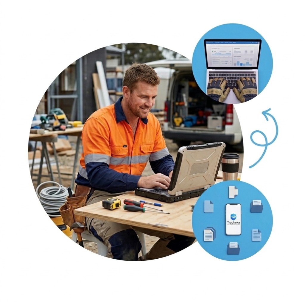 Tradesperson using Trackexa on a laptop on site, with app and dashboard visuals